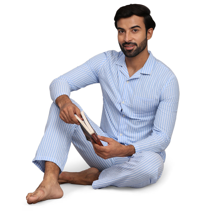 Cotton Nighwear for Men - Light Blue Stripes