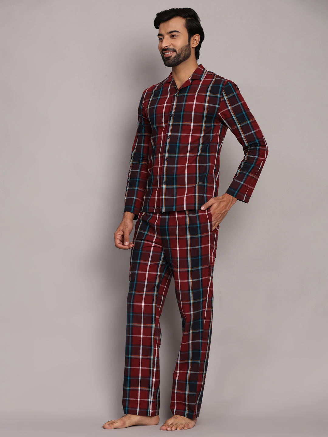 Cotton Nighwear for Men - Red Checks