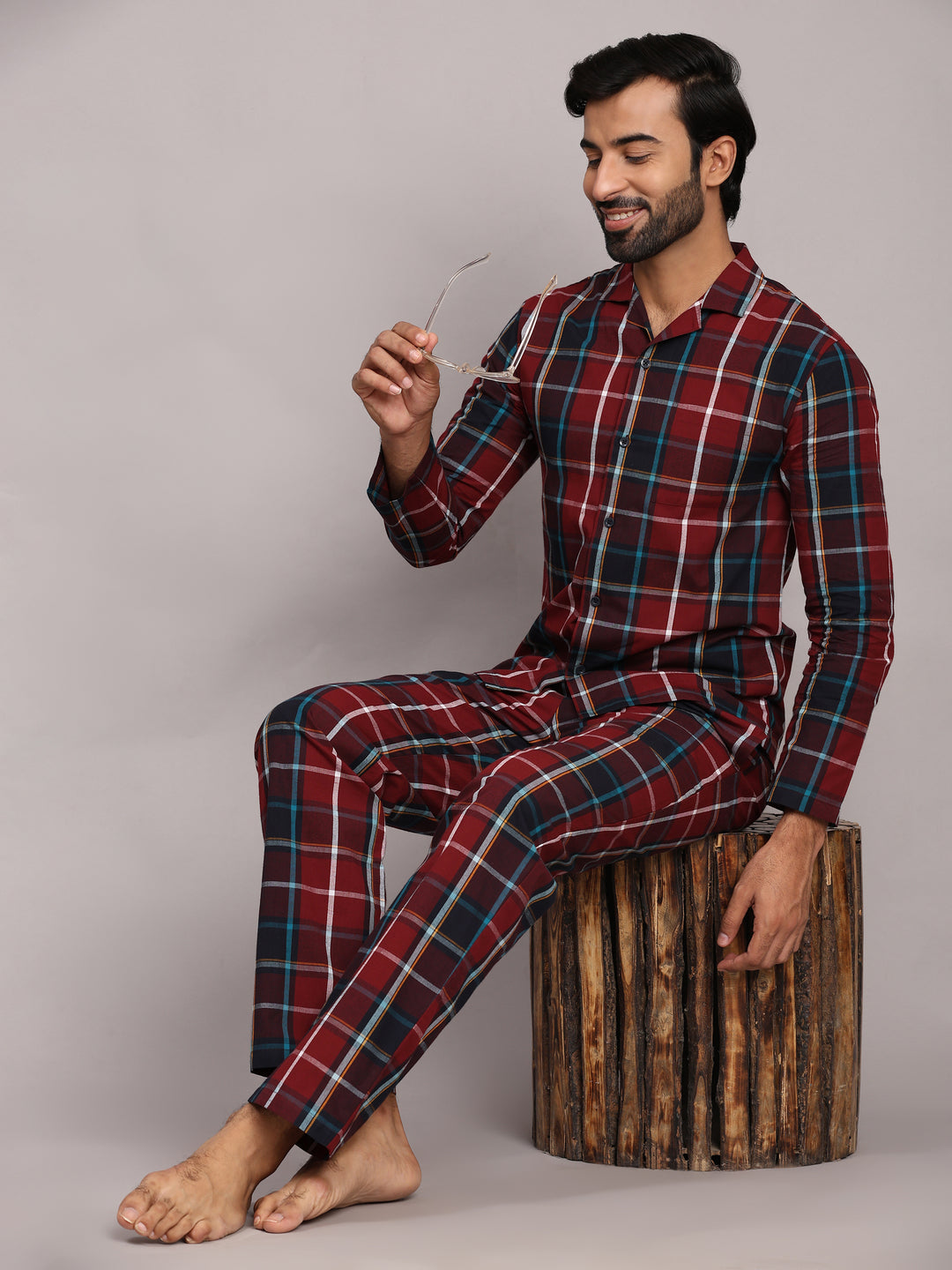 Cotton Nighwear for Men - Red Checks