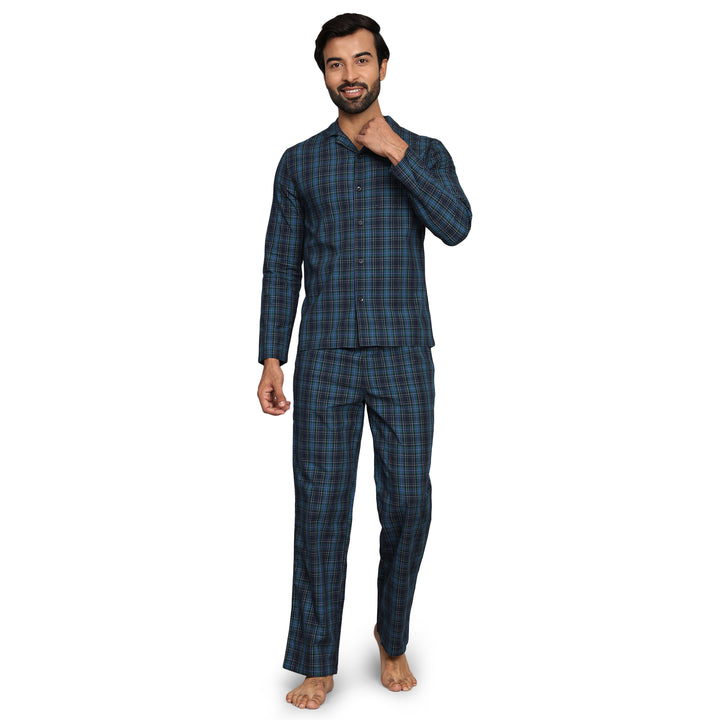 Cotton Nighwear for Men - Green Navy Checks
