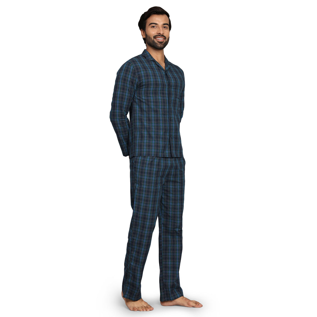 Cotton Nighwear for Men - Green Navy Checks