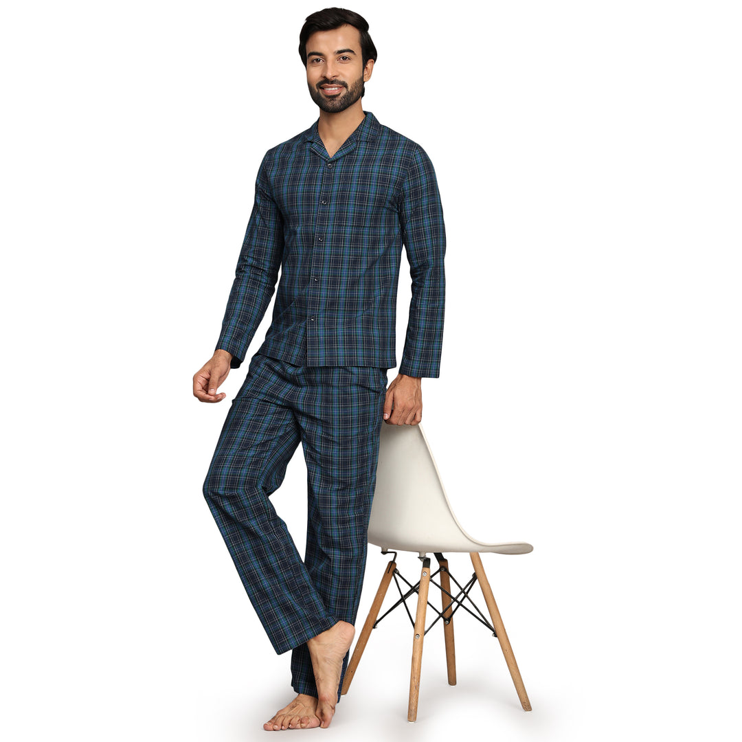 Cotton Nighwear for Men - Green Navy Checks