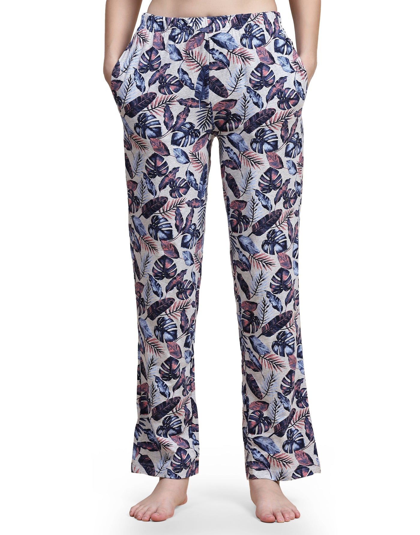 Pyjama Set for Women-Grey Leaf Print