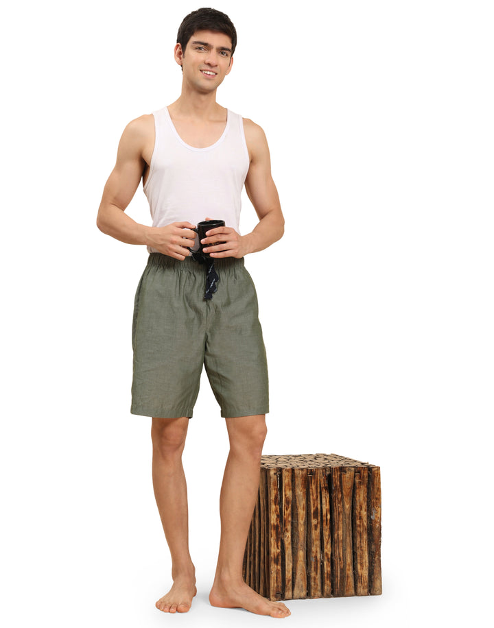 B STORIES Men's Cotton Casual Shorts with Elasticated Waistband & Drawstring - Solid Olive Green
