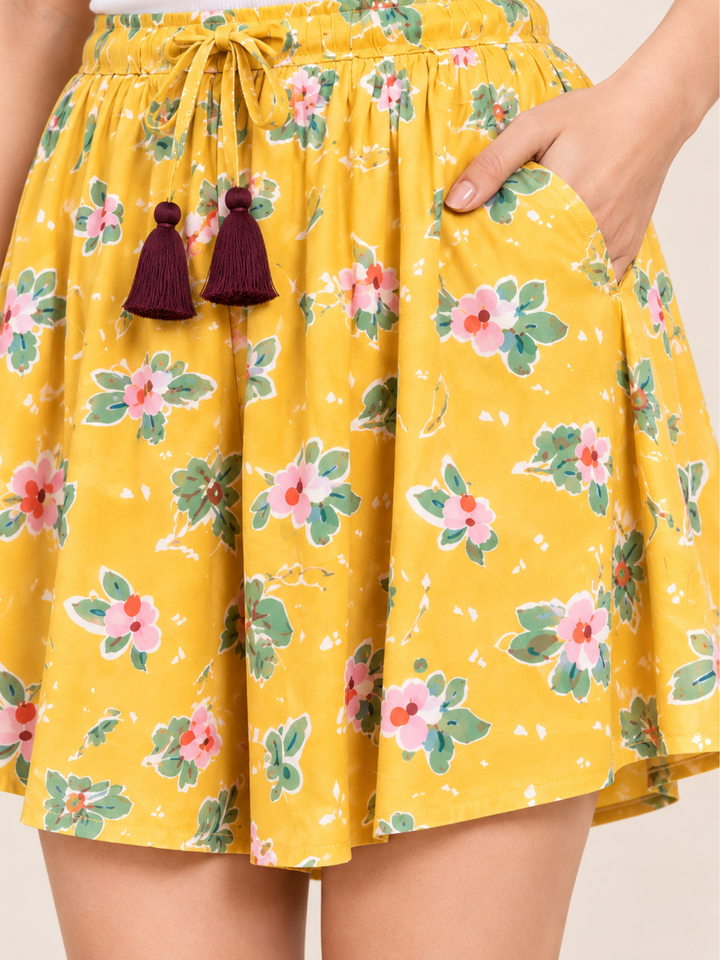 Viscose Culotte Shorts - Yellow Floral Printed(S-XXL)