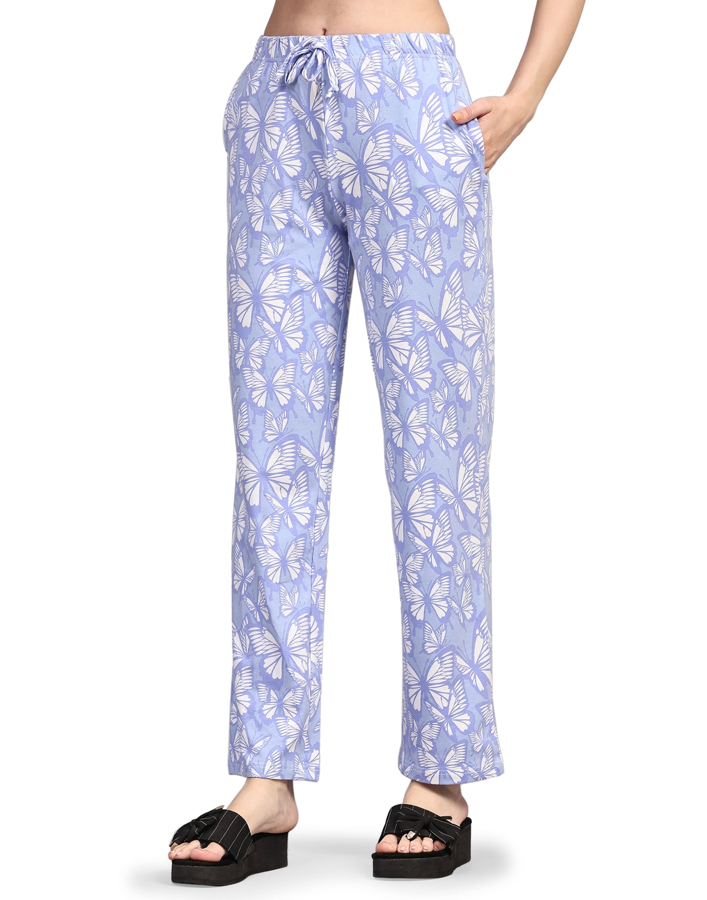 Pyjama Set for Women-Light Blue Butterfly Print