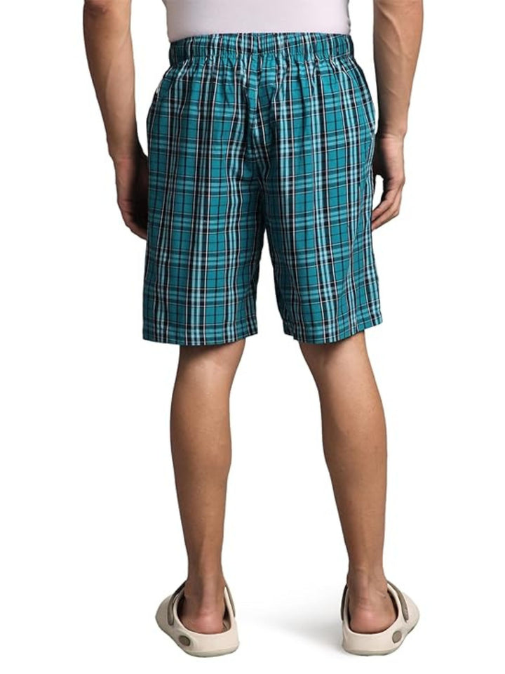 B STORIES Men's Cotton Casual Shorts with Elasticated Waistband & Drawstring- Teal Blue Checked