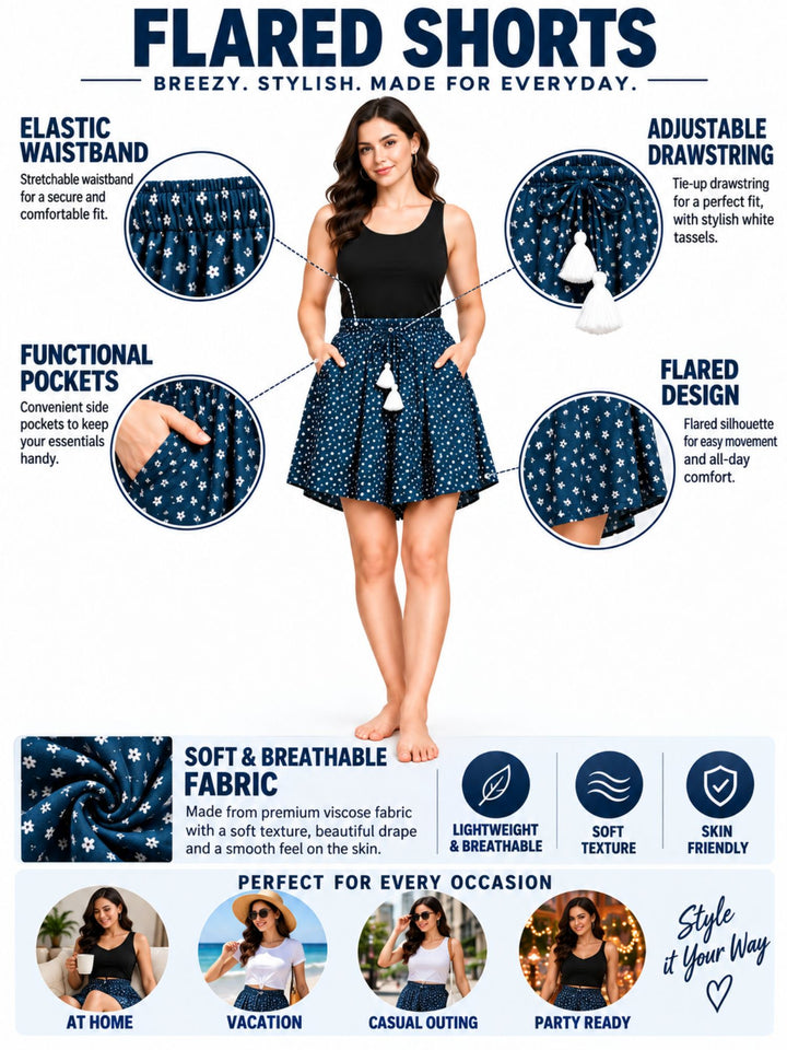 Viscose Culotte Shorts - Navy with White Floral Print(S-XXL)