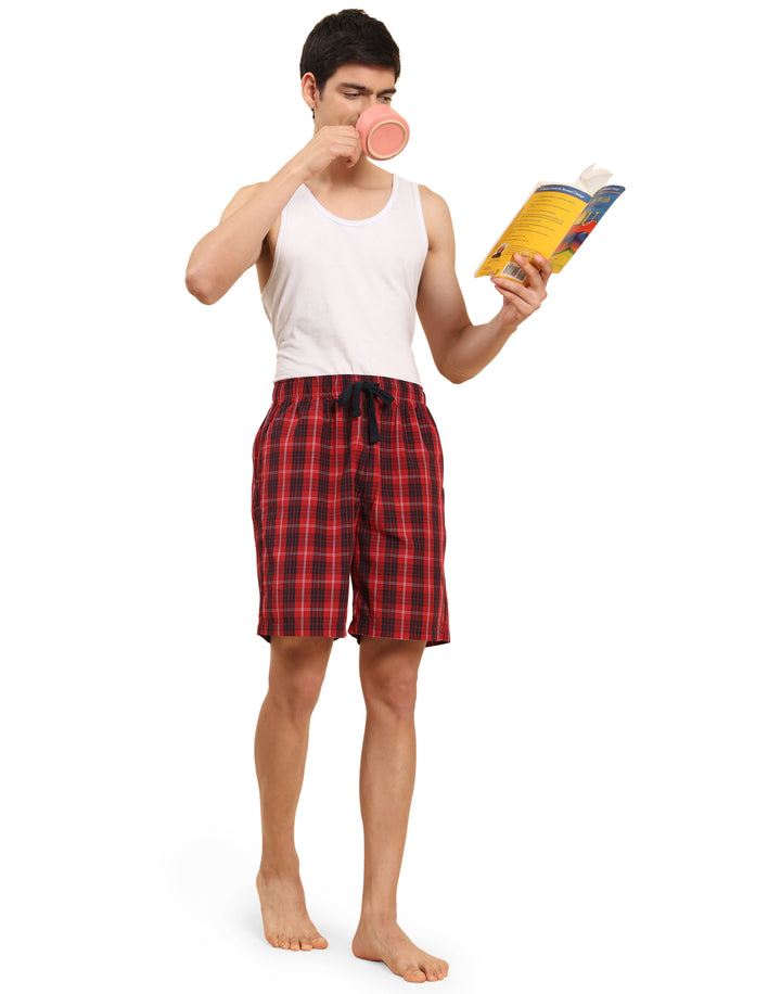 B STORIES Men's Cotton Casual Shorts with Elasticated Waistband & Drawstring- Red Checked
