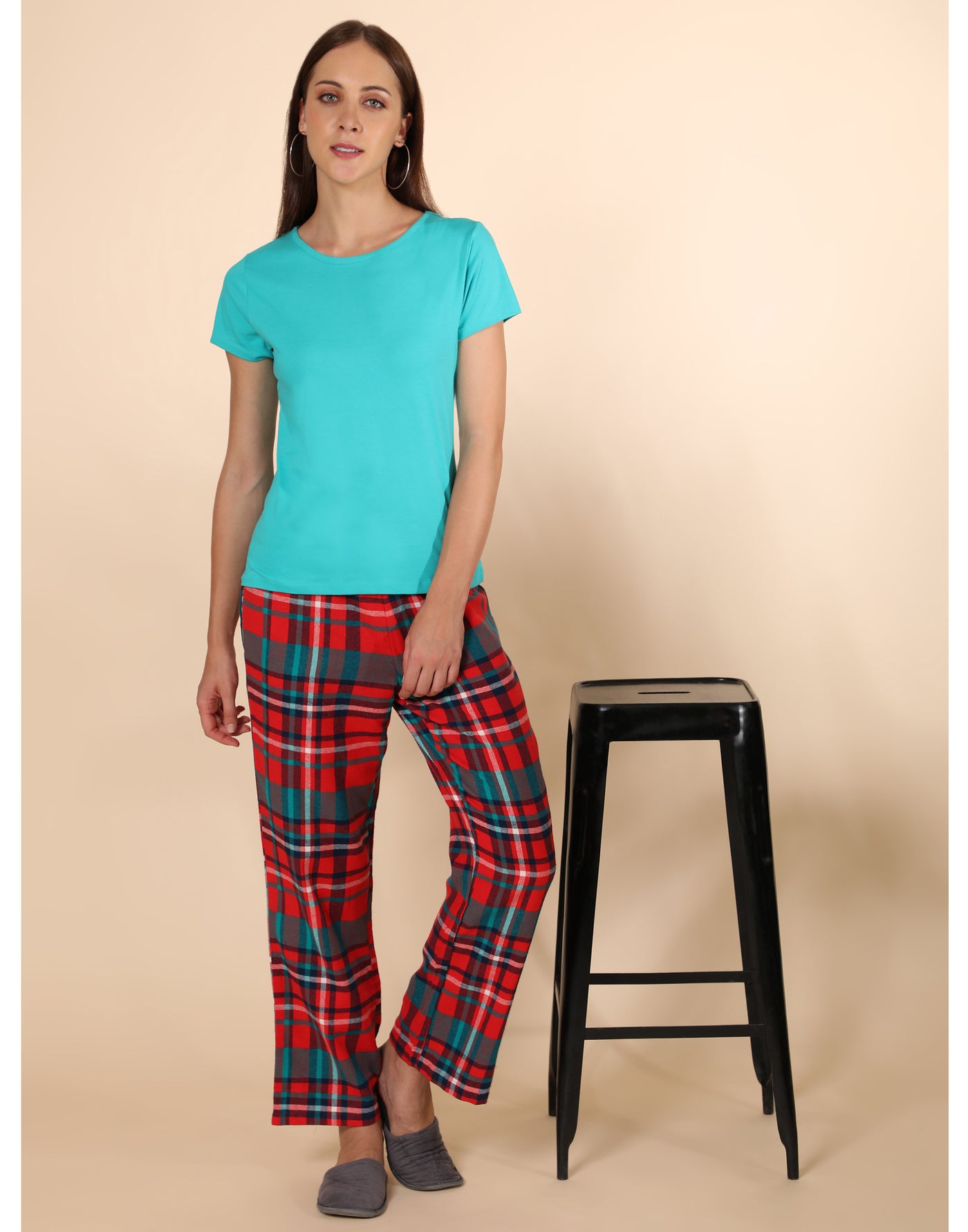 Pyjama Set for Women-Green T-Shirt & Checked Pant
