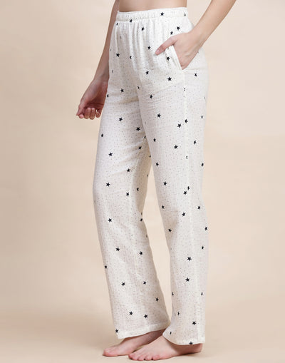 Night Suit Set for Women-White Star Print