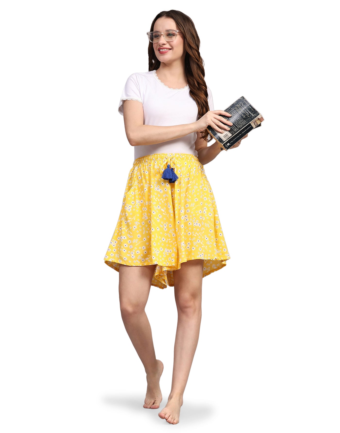 Culotte Shorts for Women-Yellow Tiny Floral