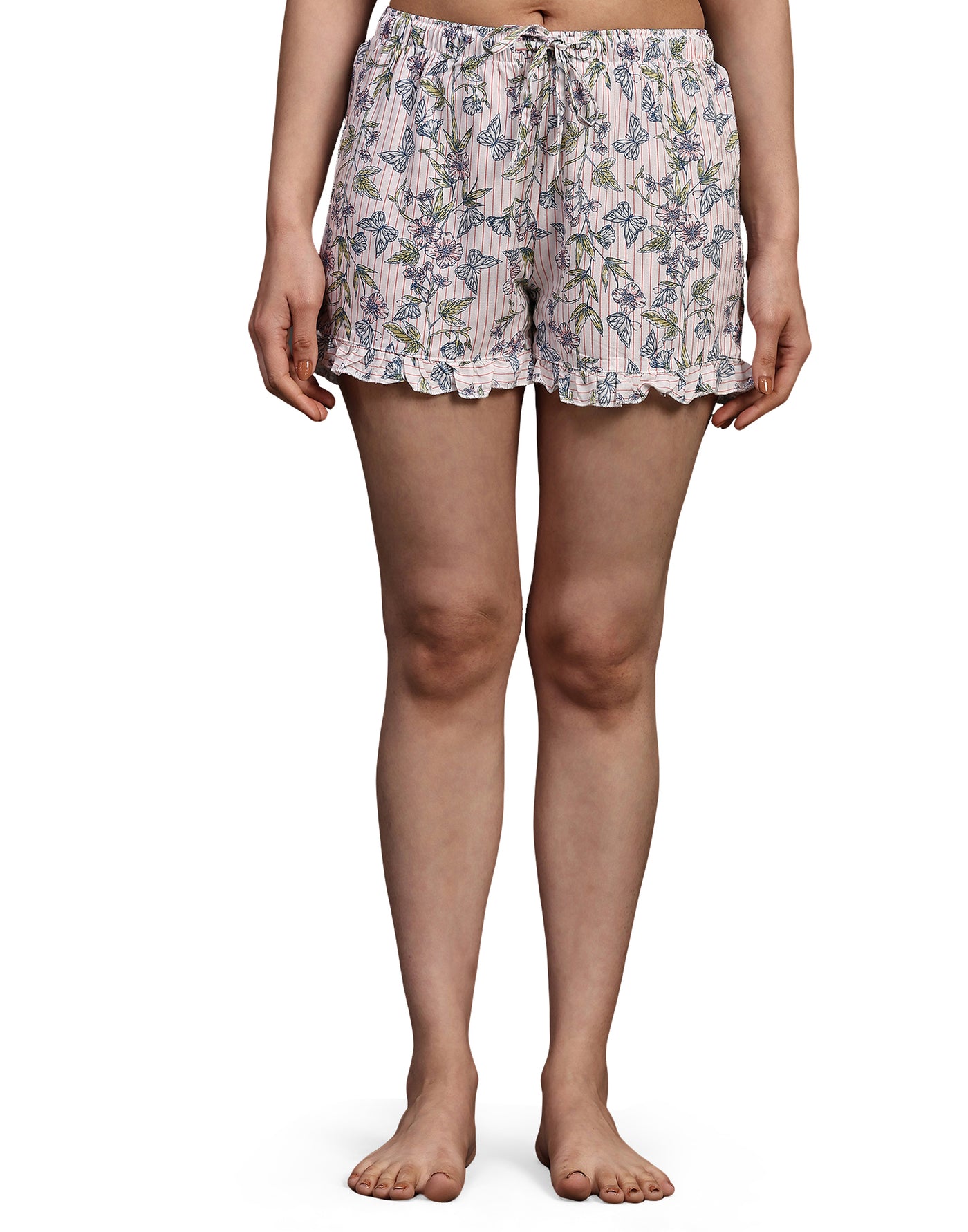 Night Suit Shorty Set for Women-White Butterfly Print