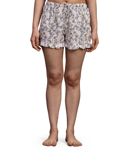 Night Suit Shorty Set for Women-White Butterfly Print
