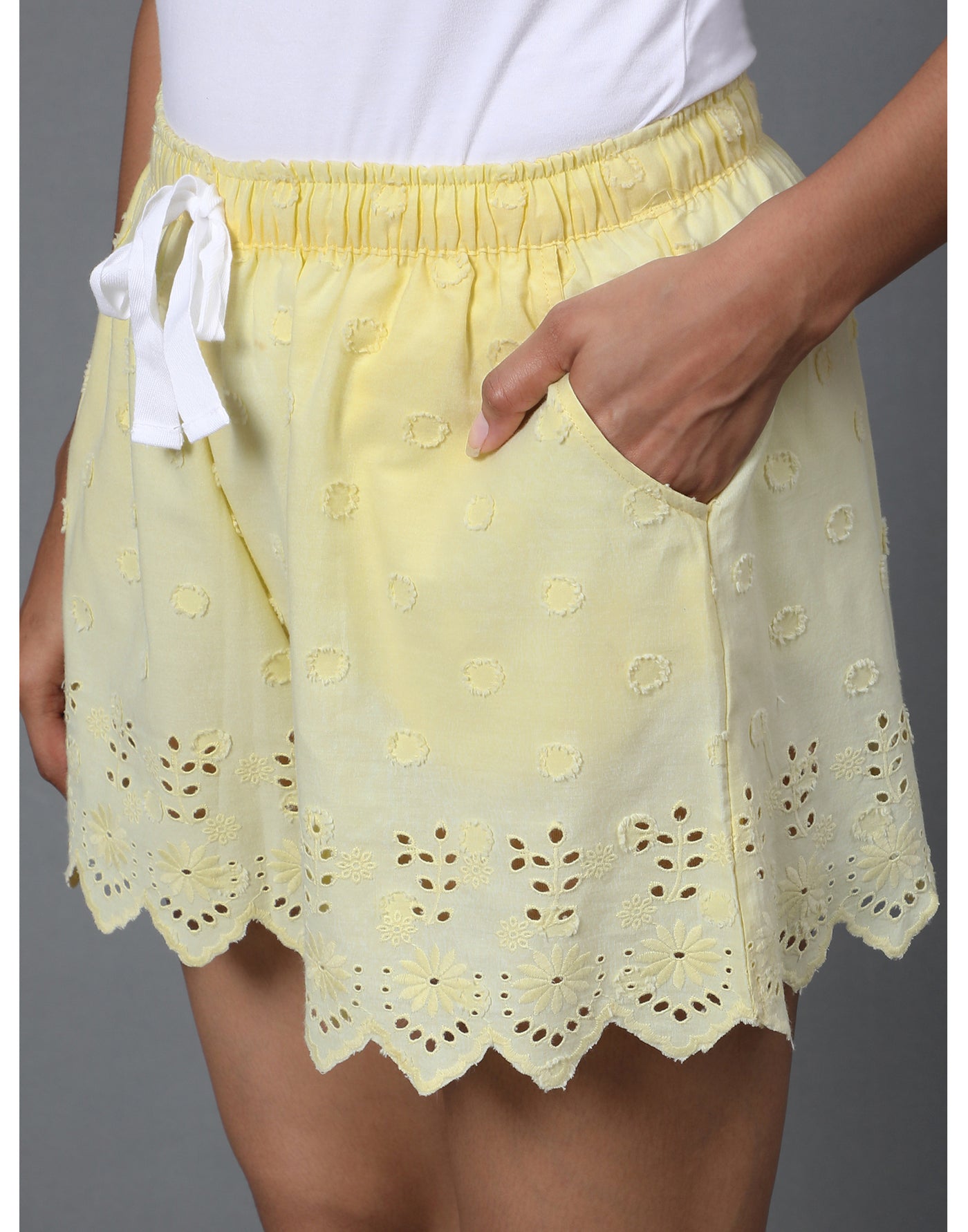 Lounge Shorts for Women-Yellow Embroidered