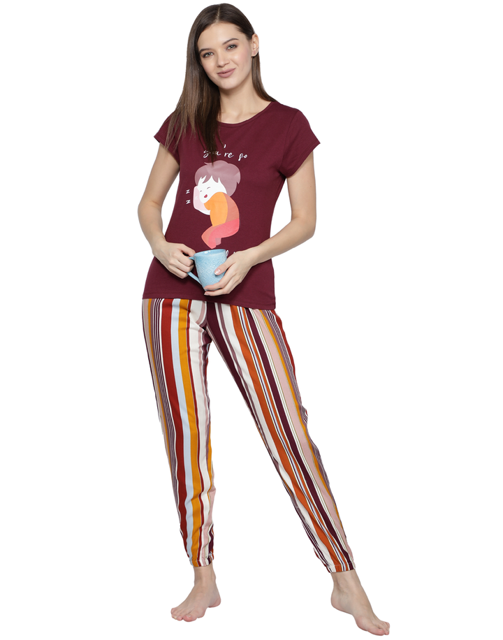 Nightwear Set -  Wine Stripe Cuff Pant