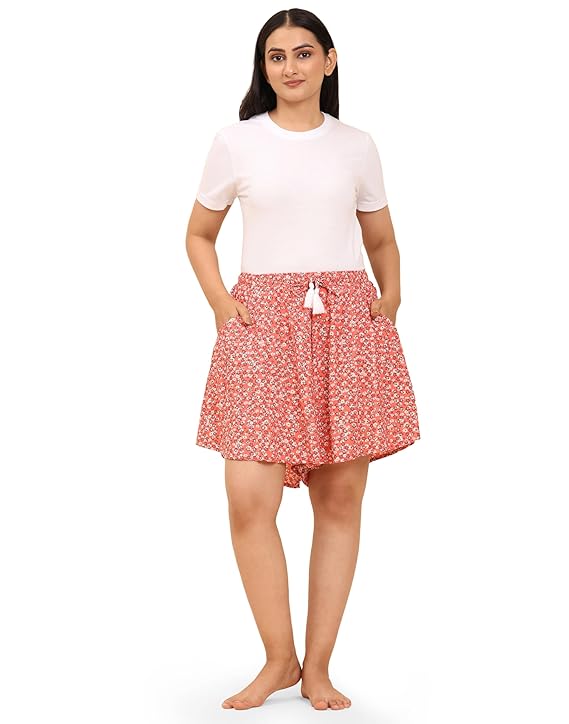 Viscose Culotte Shorts - Red Floral Print