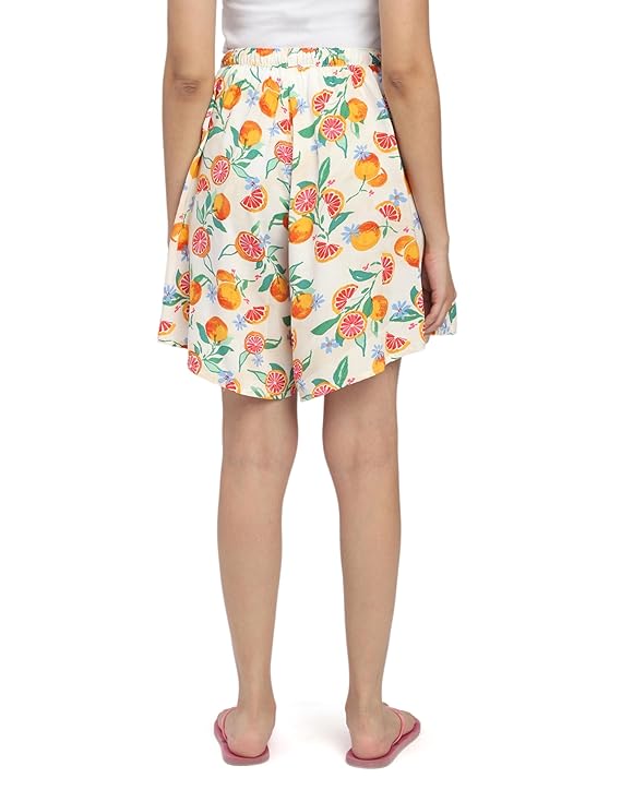 Viscose Culotte Shorts - White Base Orange Fruit Print
