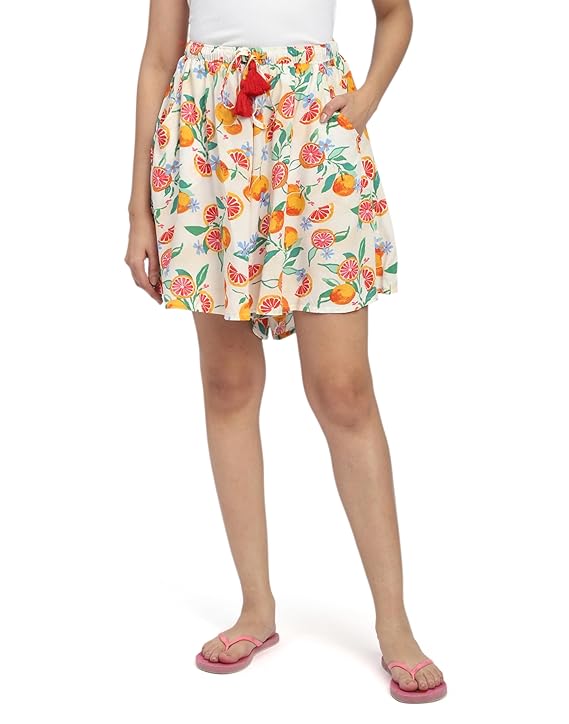 Viscose Culotte Shorts - White Base Orange Fruit Print