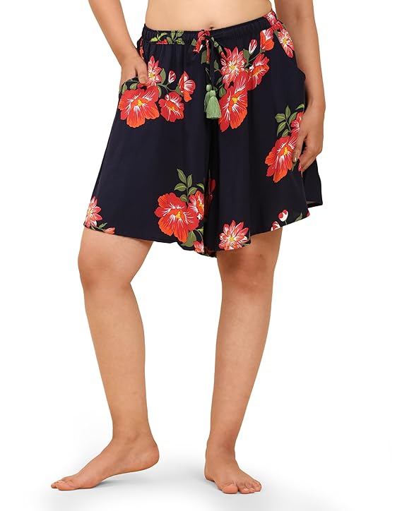 Viscose Culotte Shorts - Navy Floral Print