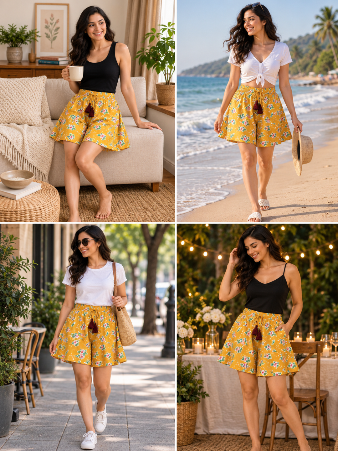 Viscose Culotte Shorts - Yellow Floral Printed(S-XXL)