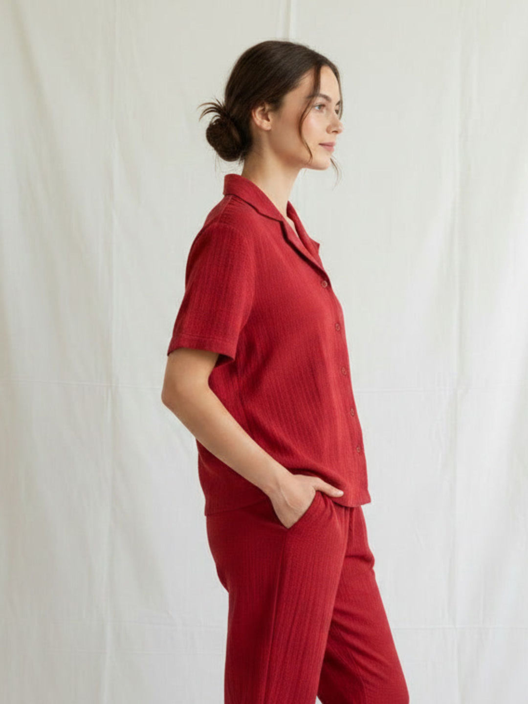 Women Cotton Night Suit - Half Sleeve Night Dress with Pockets | Savvy Red Double Cloth PJ set