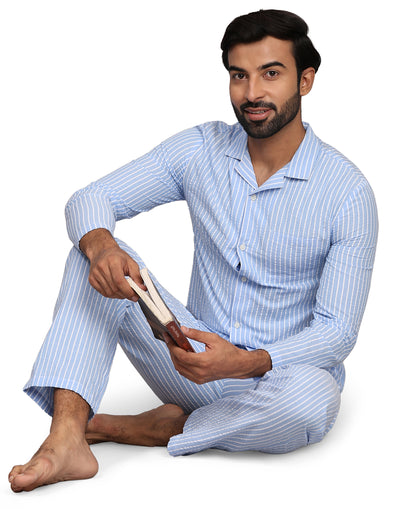 Pyjama Set for Men-Light Blue Stripes