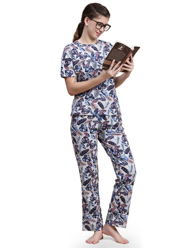 Pyjama Set for Women-Grey Leaf Print