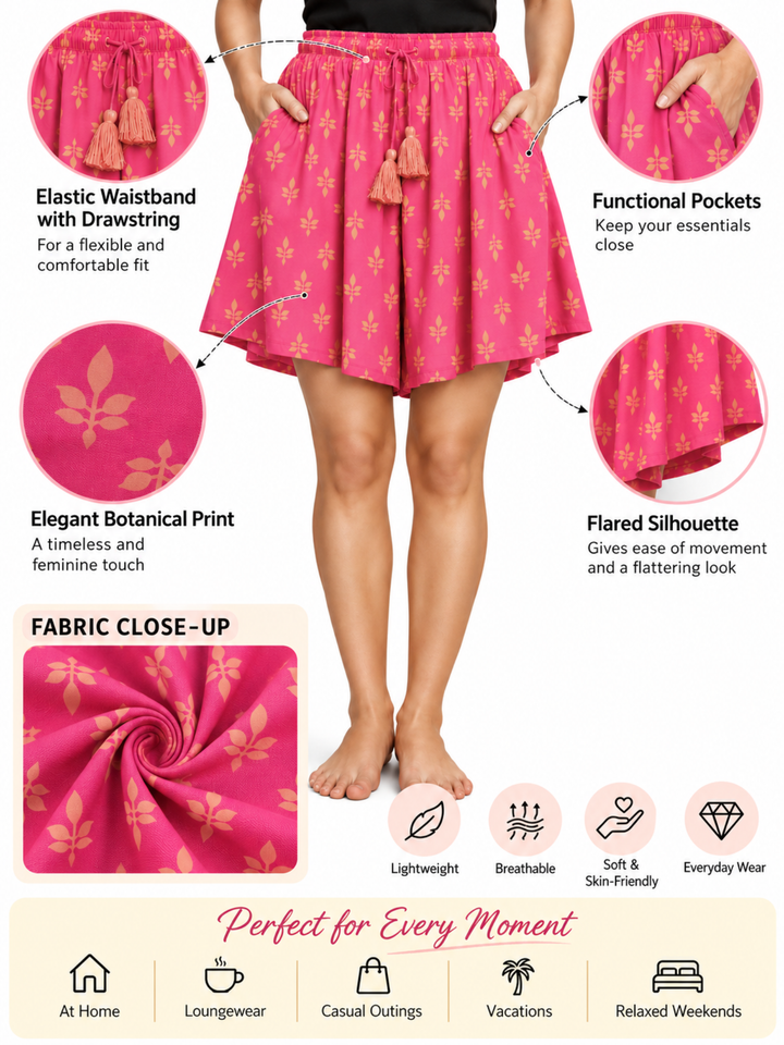Women's Printed Flared Lounge & Beach Shorts with Pockets - Pink Leaf