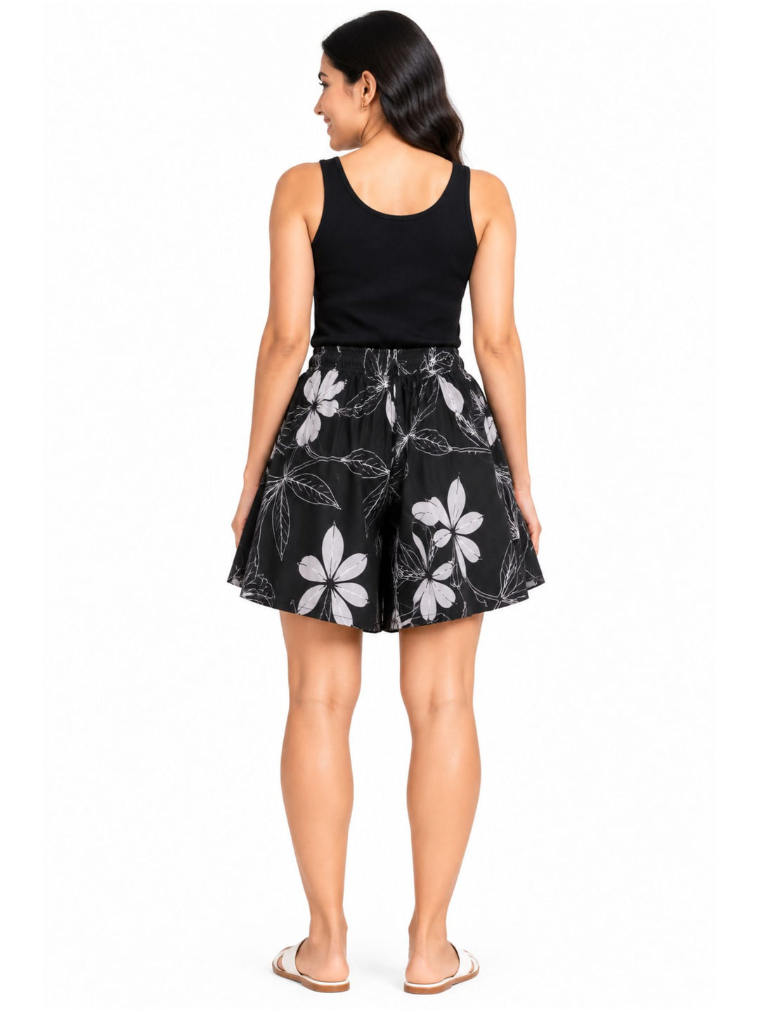 Viscose Culotte Shorts - Black Leaves Print(S-XXL)