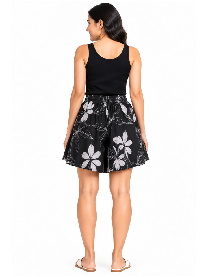 Viscose Culotte Shorts - Black Leaves Print(S-XXL)