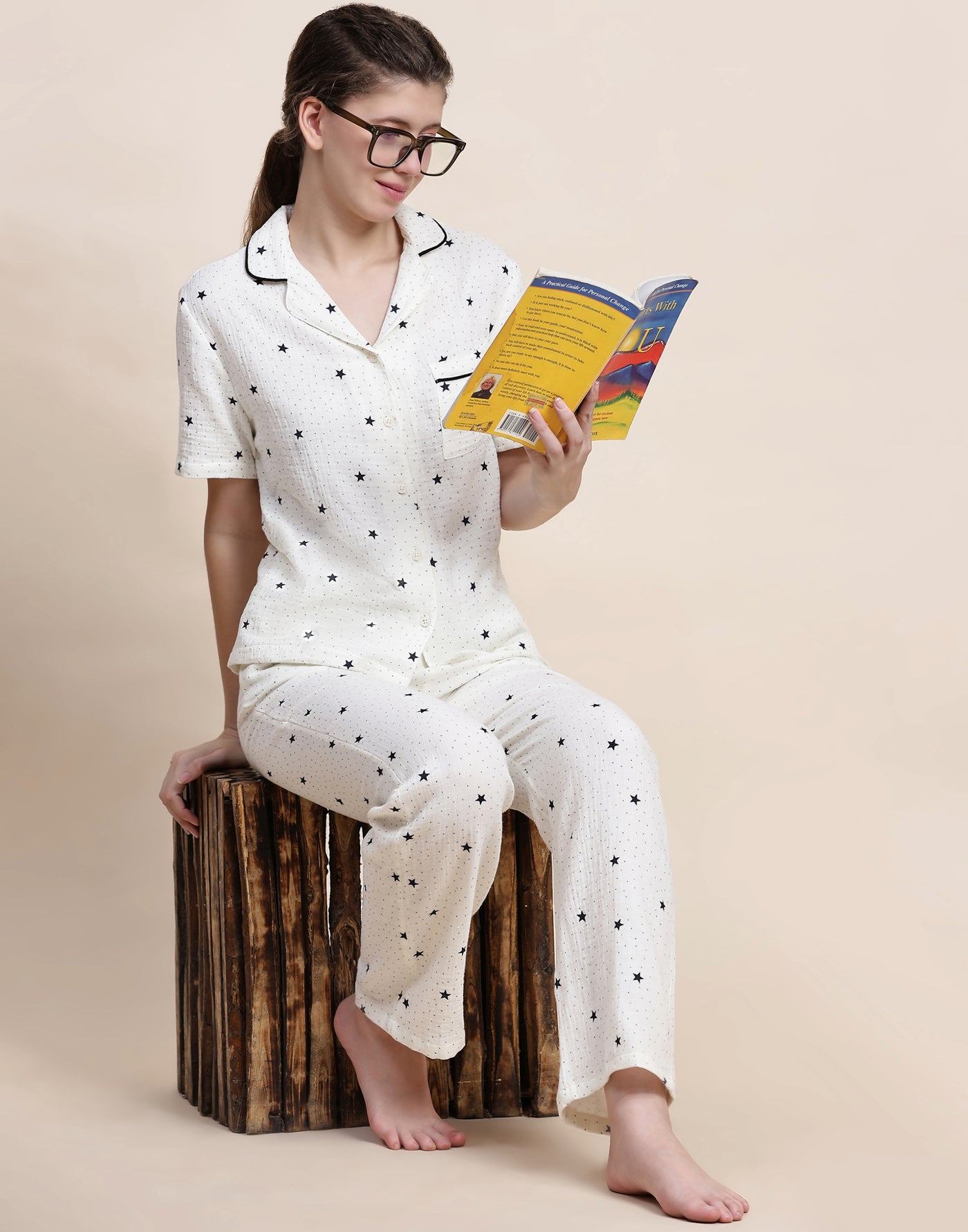 Night Suit Set for Women-White Star Print