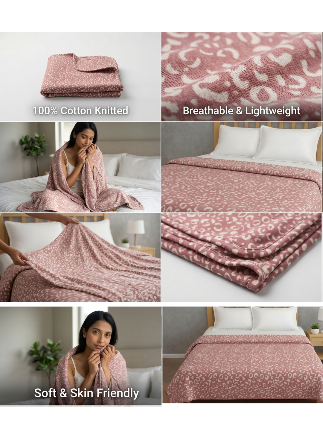 B STORIES Leopard Print Cotton Knit Throw Blanket | Soft, Breathable & Lightweight | All Season Couch, Bed & Sofa Throw | 81x59 Inches | 180 GSM | Pink