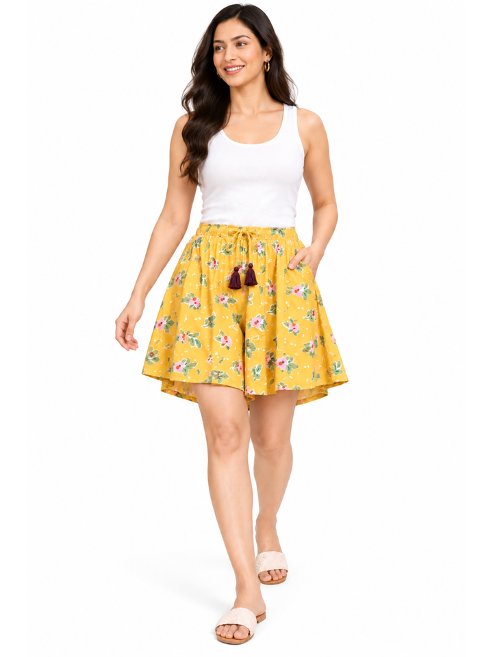Viscose Culotte Shorts - Yellow Floral Printed(S-XXL)
