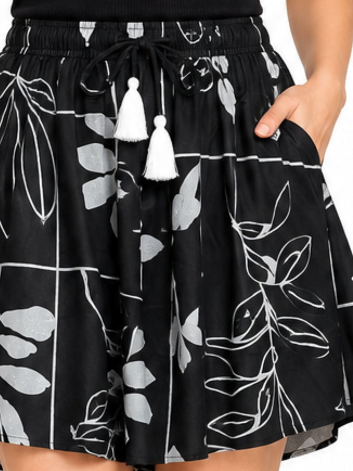 Viscose Culotte Shorts - Black Leaves Print(S-XXL)