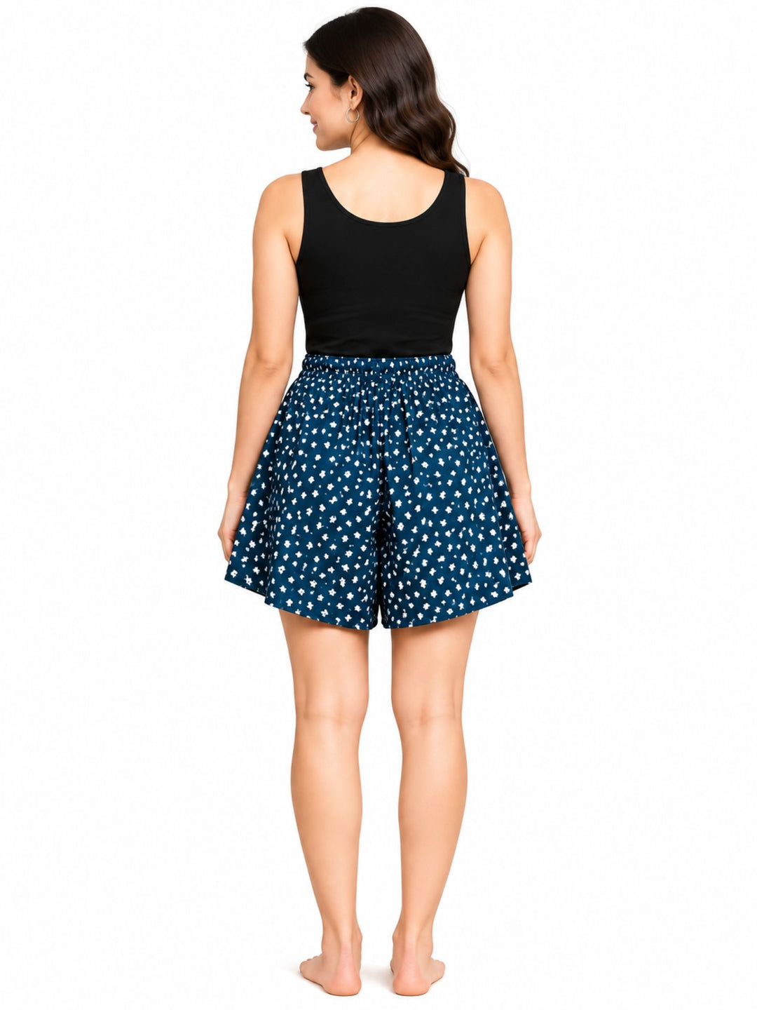 Viscose Culotte Shorts - Navy with White Floral Print(S-XXL)