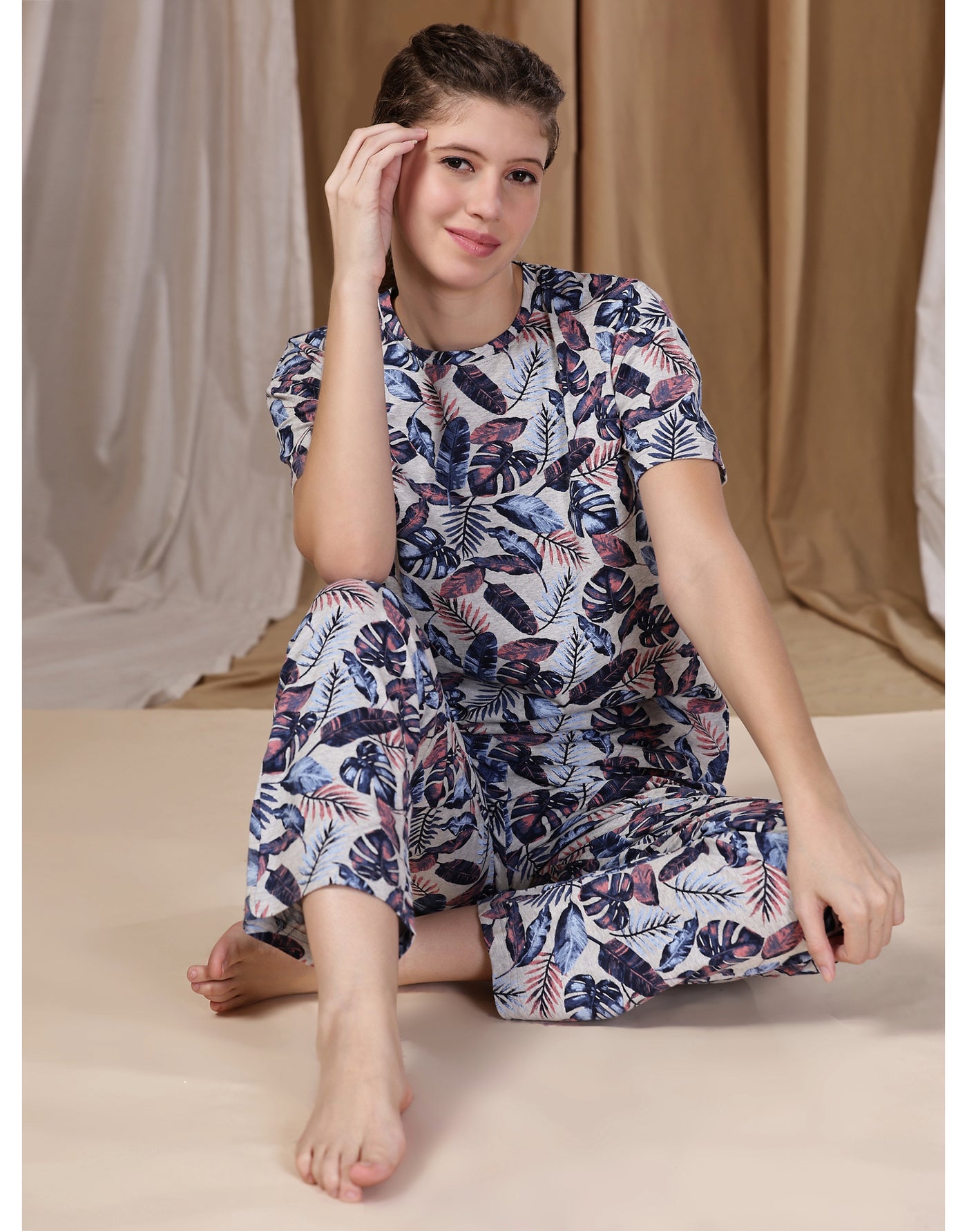 Pyjama Set for Women-Grey Leaf Print