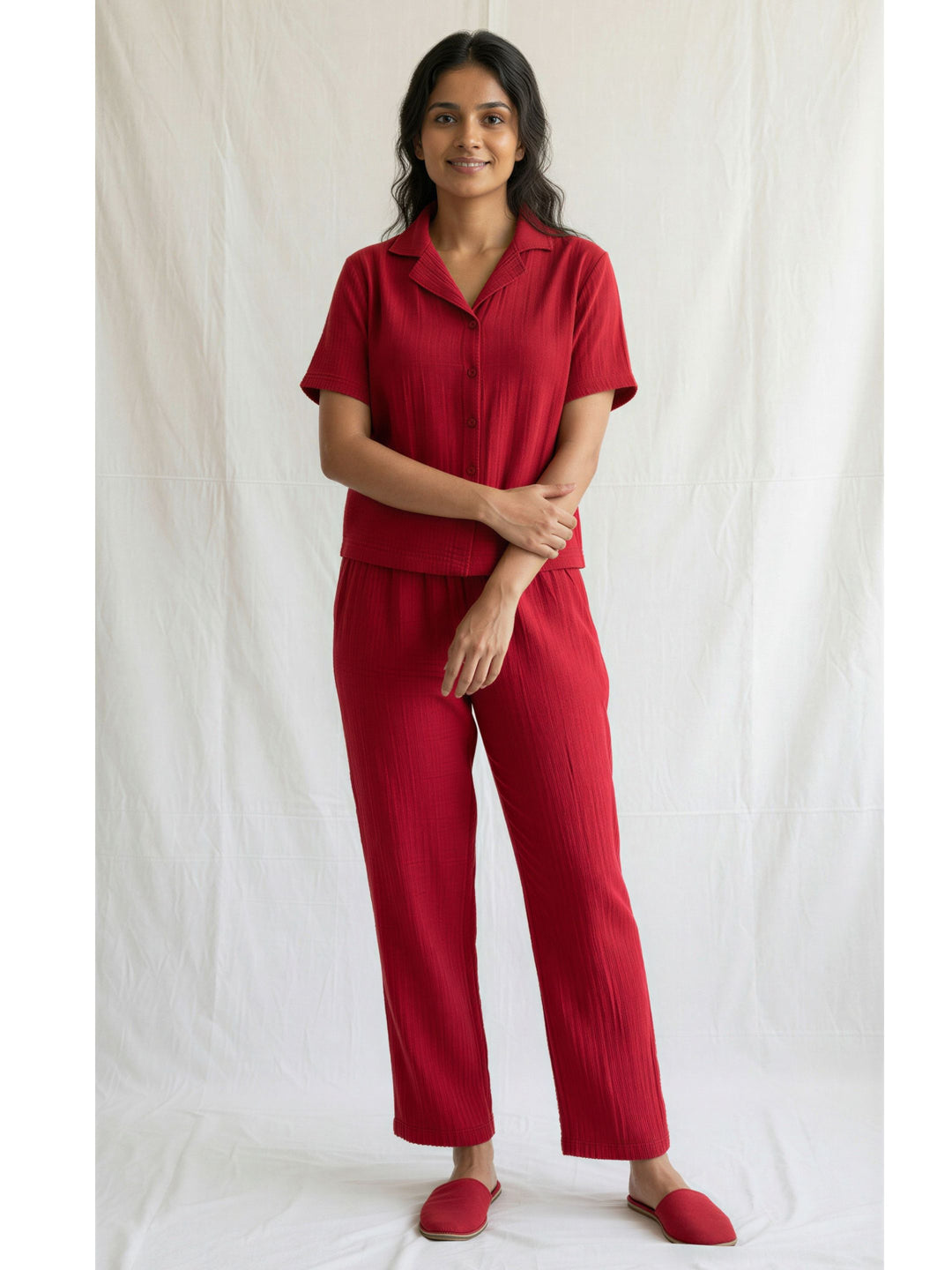 Women Cotton Night Suit - Half Sleeve Night Dress with Pockets | Savvy Red Double Cloth PJ set