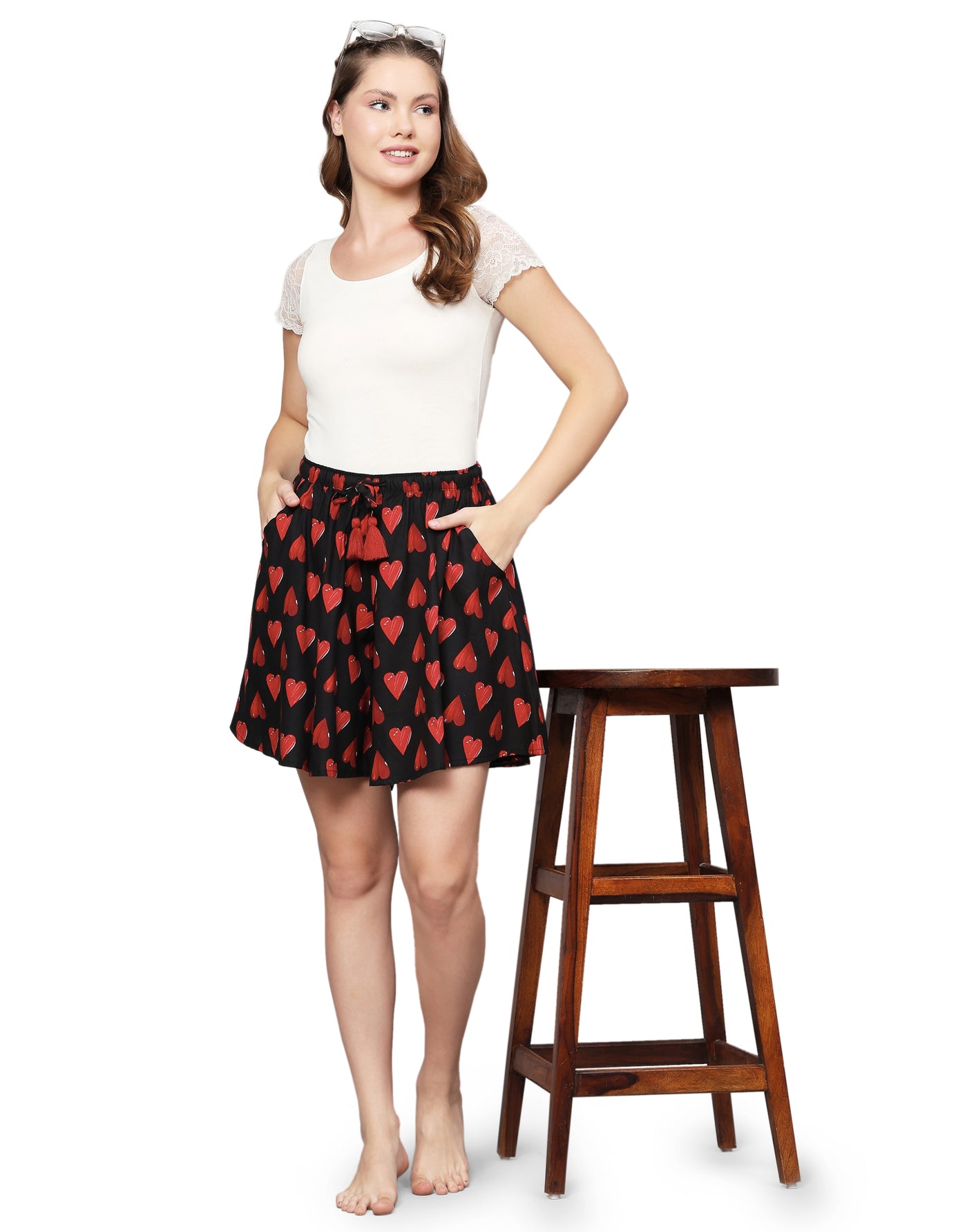 Culotte Shorts for Women-Black Heart Print