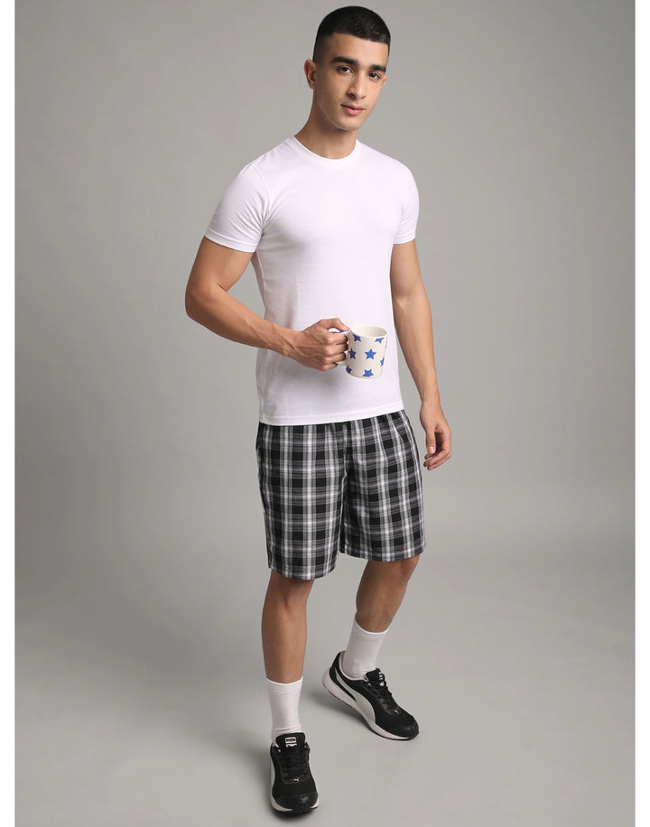 B STORIES Men's Cotton Casual Shorts with Elasticated Waistband & Drawstring- Black & Grey Checked