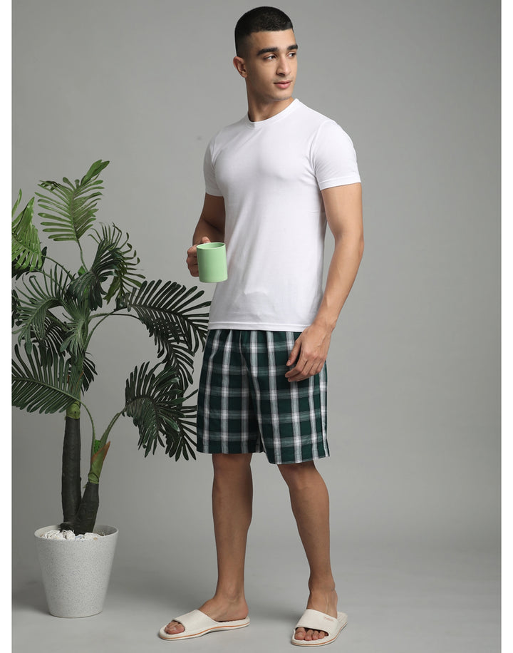 B STORIES Men's Cotton Casual Shorts with Elasticated Waistband & Drawstring- Dark Green Checked