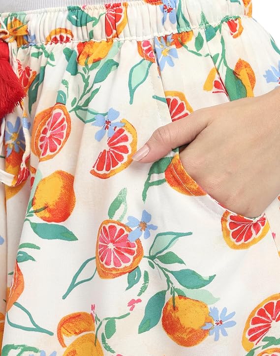 Viscose Culotte Shorts - White Base Orange Fruit Print