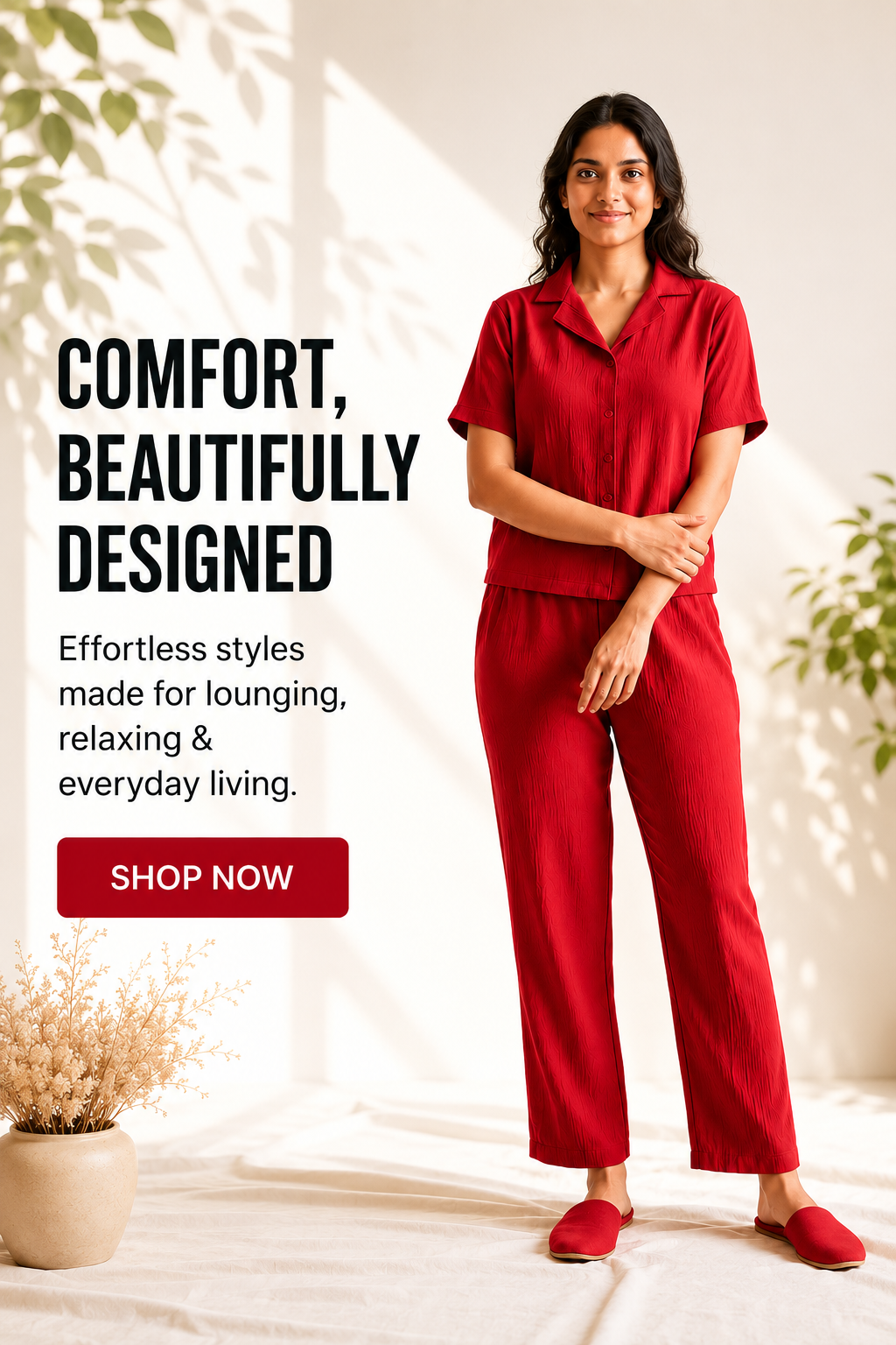 Bstories Women's Soft Cotton Night suit in Red solid Color — Comfortable Nightwear for Womenwear 