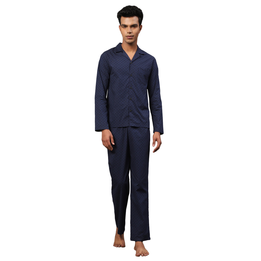 Cotton Nighwear for Men - Navy Mono Ethic Prints