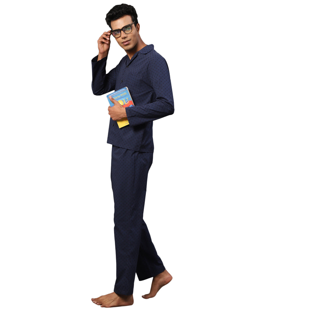 Cotton Nighwear for Men - Navy Mono Ethic Prints