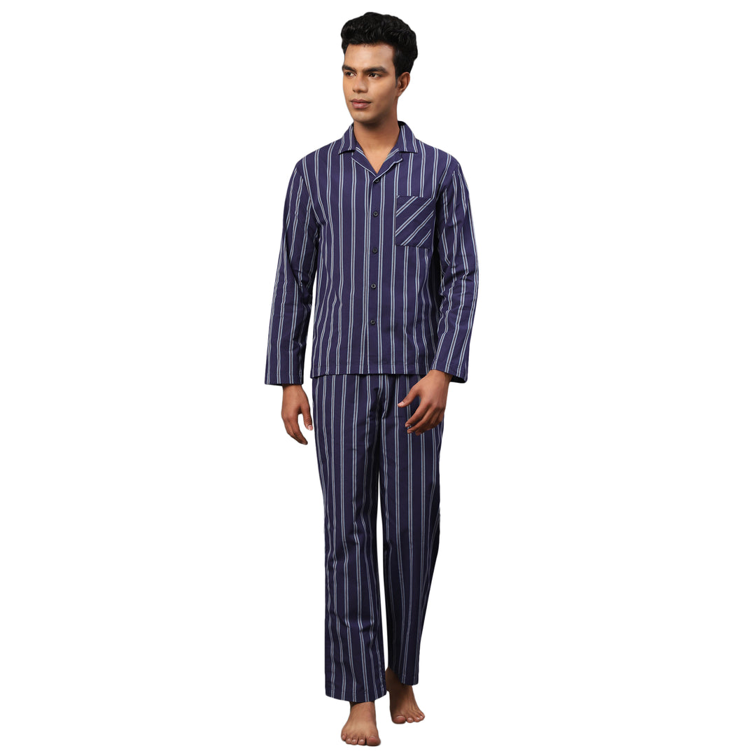 Cotton Nighwear for Men - Navy Blue Chalk Stripes