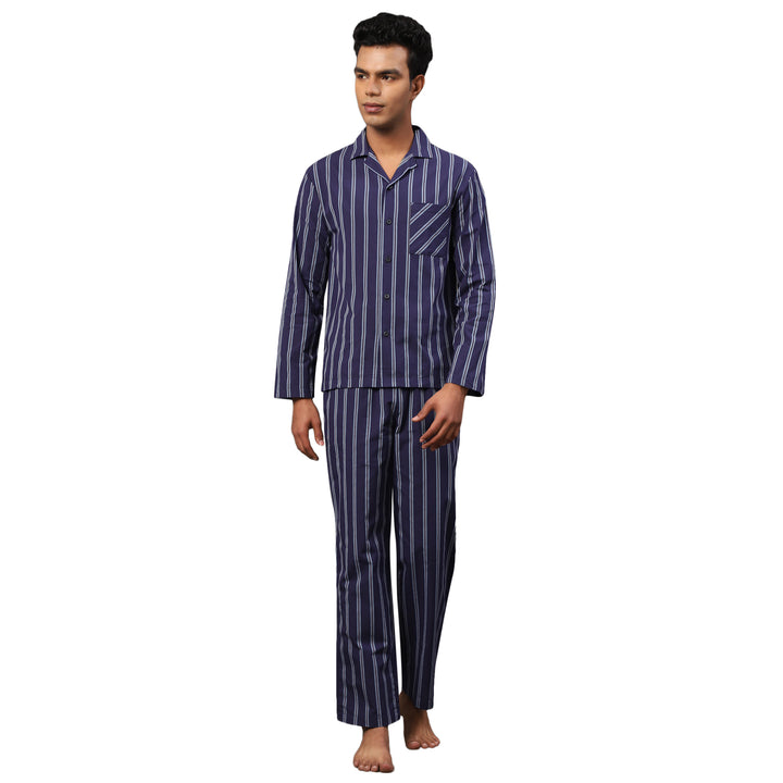 Cotton Nighwear for Men - Navy Blue Chalk Stripes