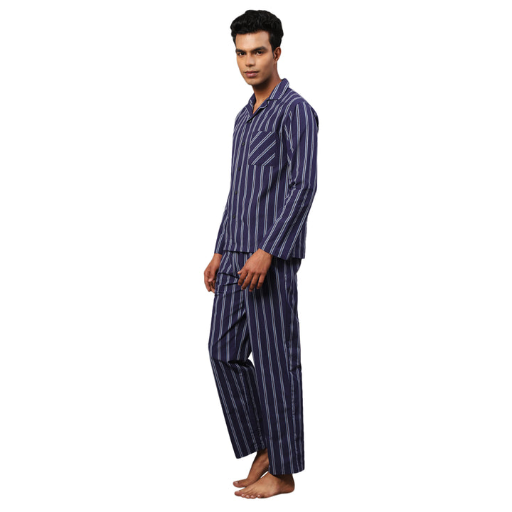 Cotton Nighwear for Men - Navy Blue Chalk Stripes