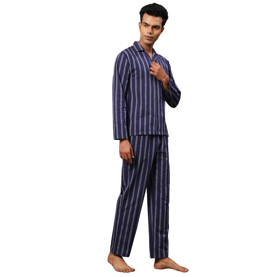 Cotton Nighwear for Men - Navy Blue Chalk Stripes
