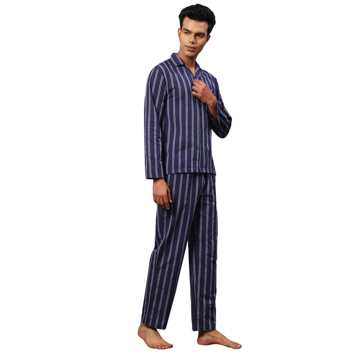 Cotton Nighwear for Men - Navy Blue Chalk Stripes